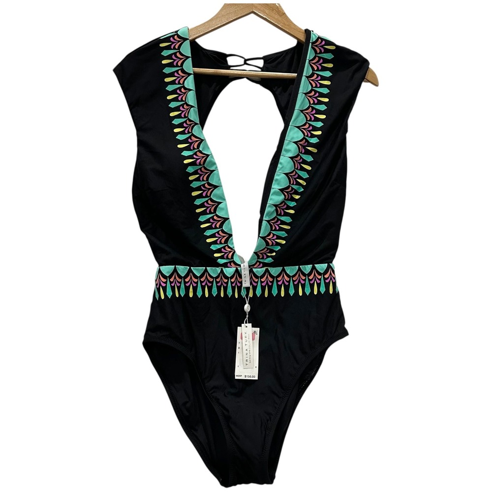 Trina Turk Womens Black Embroidered Deep V-Neck One Piece Swimsuit Size 4 NWT
